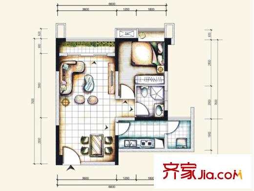 北城陽(yáng)光尚線一期3號(hào)樓標(biāo)準(zhǔn)層2號(hào)房戶型 1室2廳1衛(wèi)1廚
