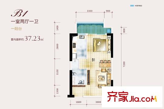 北城陽(yáng)光尚線一期6號(hào)樓標(biāo)準(zhǔn)層B1戶型 1室2廳1衛(wèi)1廚