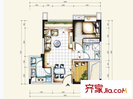 北城陽(yáng)光尚線一期3號(hào)樓標(biāo)準(zhǔn)層4號(hào)房戶型 1室2廳1衛(wèi)1廚