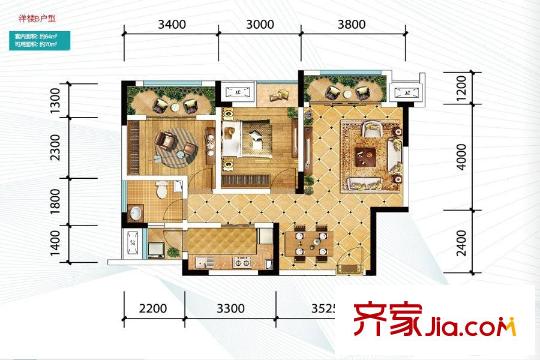 金科天宸一街區(qū)洋樓B戶型 2室2廳1衛(wèi)1廚