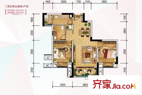 金科天宸二街區(qū)都會(huì)高層標(biāo)準(zhǔn)層A戶型 2室2廳1衛(wèi)1廚