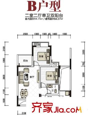 香堤花徑戶型圖一期2號(hào)樓標(biāo)準(zhǔn)層1-B戶型 2室2廳1衛(wèi)1廚