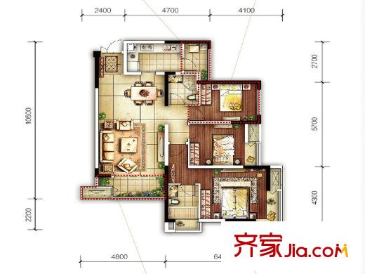 融匯溫泉城錦繡里戶型圖一期9號樓標準層E戶型 3室2廳2衛(wèi)1廚