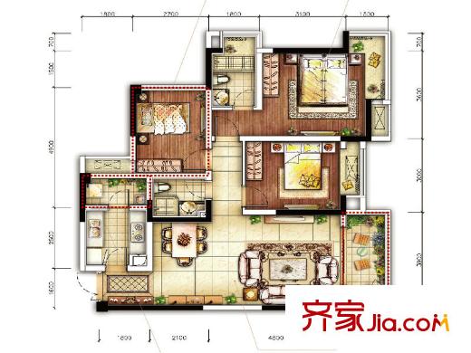 融匯溫泉城錦繡里戶型圖一期10號樓標準層E戶型 3室2廳2衛(wèi)1廚