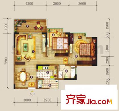 豐業(yè)御景銘洲戶型圖A棟3號戶型(2到18F) 2室2廳1衛(wèi)1廚