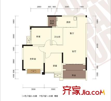 金科陽光小鎮(zhèn)天天向上戶型圖一期2棟4號7號戶型標(biāo)準(zhǔn)層 3室2廳1衛(wèi)1廚