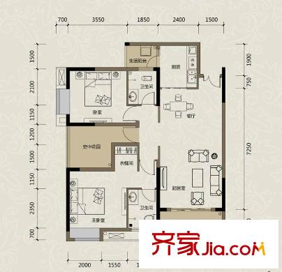 金科visar國(guó)際戶型圖二期1號(hào)樓標(biāo)準(zhǔn)層A戶型 2室2廳2衛(wèi)1廚