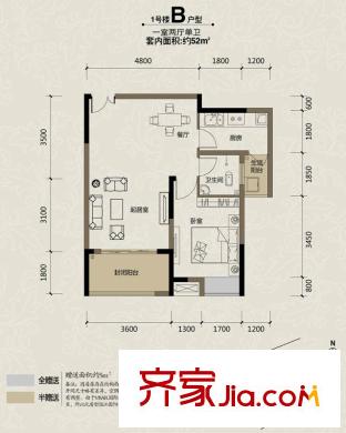 金科visar國(guó)際戶型圖二期1號(hào)樓標(biāo)準(zhǔn)層B戶型52平方米 1室2廳1衛(wèi)1廚