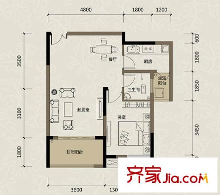 金科visar國(guó)際戶型圖二期1號(hào)樓標(biāo)準(zhǔn)層B戶型 1室2廳1衛(wèi)1廚