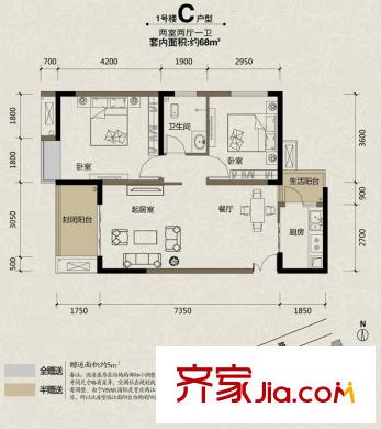 金科visar國(guó)際戶型圖二期1號(hào)樓標(biāo)準(zhǔn)層C戶型68平方米 2室2廳1衛(wèi)1廚