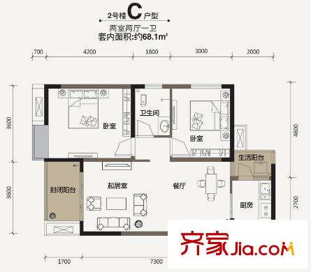 金科visar國(guó)際戶型圖二期2號(hào)樓標(biāo)準(zhǔn)層C戶型 2室2廳1衛(wèi)1廚