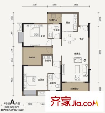 金科visar國(guó)際戶型圖二期2號(hào)樓標(biāo)準(zhǔn)層A戶型 2室2廳2衛(wèi)1廚