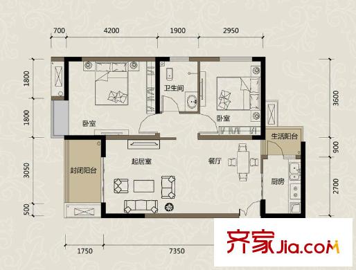 金科visar國(guó)際戶型圖二期1號(hào)樓標(biāo)準(zhǔn)層C戶型 2室2廳1衛(wèi)1廚