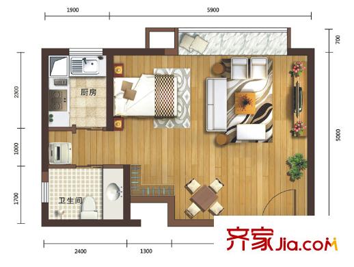 英利國(guó)際廣場(chǎng)戶型圖一期4號(hào)樓標(biāo)準(zhǔn)層A5戶型 1室1衛(wèi)1廚