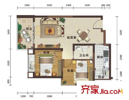 英利國際廣場戶型圖一期4號樓標準層B3戶型 2室2廳1衛(wèi)1廚