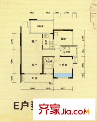 龍德悠彩郡一期5號(hào)樓標(biāo)準(zhǔn)層E戶型 1室2廳2衛(wèi)1廚