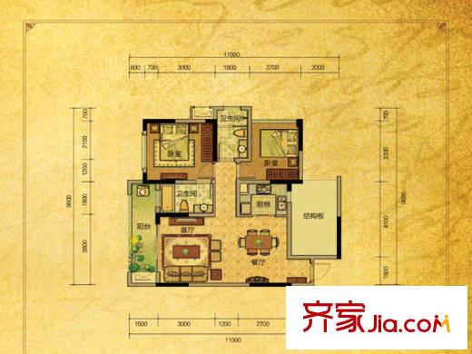 龍德悠彩郡二期8號(hào)樓標(biāo)準(zhǔn)層E戶型 2室2廳2衛(wèi)1廚