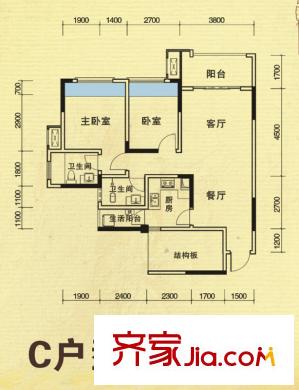 龍德悠彩郡一期1/2/3號(hào)樓標(biāo)準(zhǔn)層C戶型 2室2廳2衛(wèi)1廚