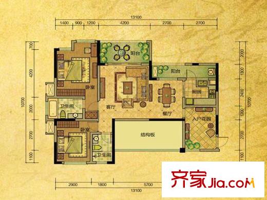 龍德悠彩郡二期8號(hào)樓標(biāo)準(zhǔn)層F戶型 2室2廳2衛(wèi)1廚