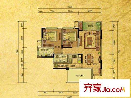 龍德悠彩郡二期8號(hào)樓標(biāo)準(zhǔn)層D戶型 1室2廳1衛(wèi)1廚