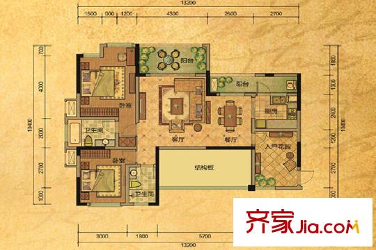 龍德悠彩郡二期6、7號(hào)樓標(biāo)準(zhǔn)層F戶型 2室2廳2衛(wèi)1廚