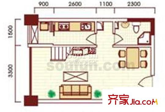 金城銀樽戶型圖A棟B戶型入戶層 1室1廳1衛(wèi)1廚
