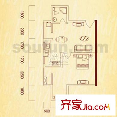 金城銀樽戶型圖G戶型 1室1廳1衛(wèi)1廚