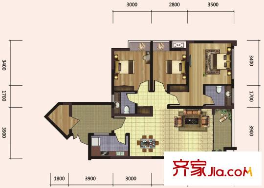 東方劍橋戶型圖三期8號樓標(biāo)準(zhǔn)層1、4、5、8號房 3室2廳2衛(wèi)1廚