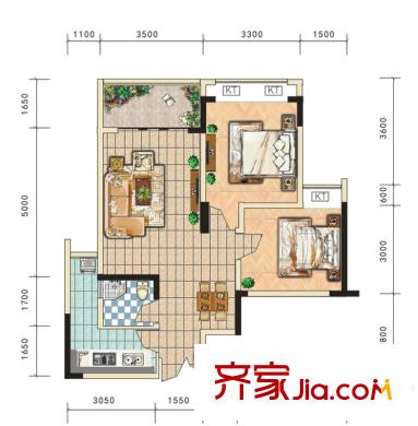 東方劍橋戶型圖二期附2號樓標(biāo)準(zhǔn)層C戶型 2室2廳1衛(wèi)1廚