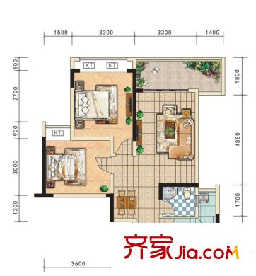東方劍橋戶型圖二期附2號樓標(biāo)準(zhǔn)層B戶型 2室2廳1衛(wèi)1廚