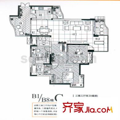 同創(chuàng)奧韻戶型圖B1和B8棟C戶型 3室2廳2衛(wèi)1廚