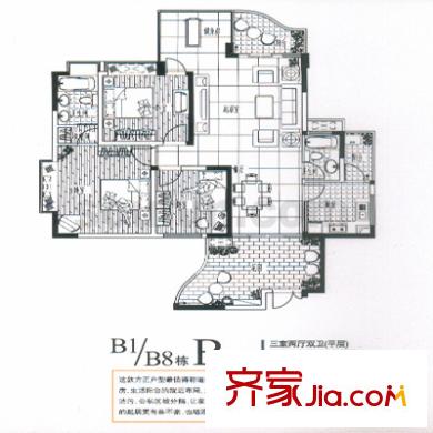 同創(chuàng)奧韻戶型圖B1和B8棟B戶型 3室2廳2衛(wèi)1廚