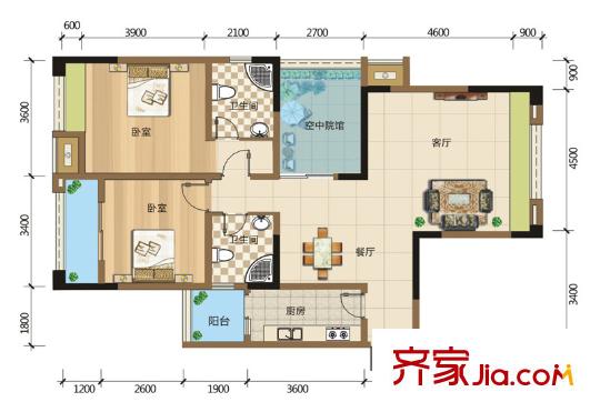 金融街金悅城戶型圖一期5/6/9號樓標準層C戶型 2室2廳2衛(wèi)1廚