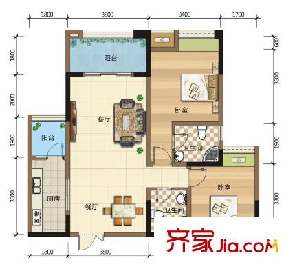 金融街金悅城戶型圖一期5/6/9號樓標準層D戶型 2室2廳1衛(wèi)1廚