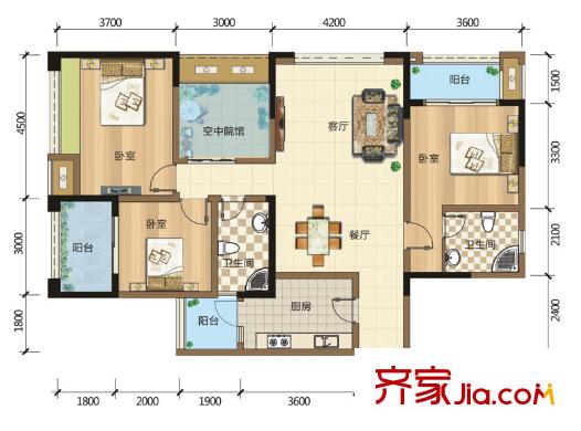 金融街金悅城戶型圖一期5/6號(hào)樓標(biāo)準(zhǔn)層E戶型 3室2廳2衛(wèi)1廚
