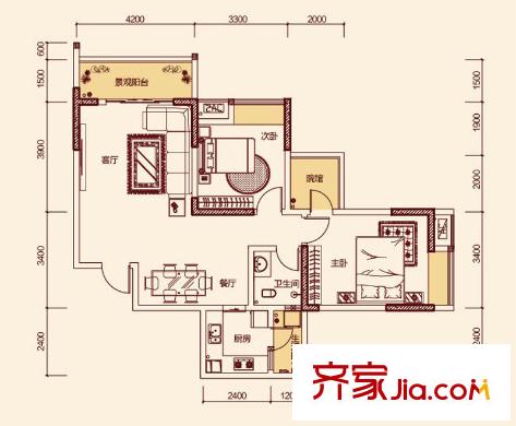 春語(yǔ)江山一期3號(hào)樓標(biāo)準(zhǔn)層5號(hào)戶型 2室2廳1衛(wèi)1廚
