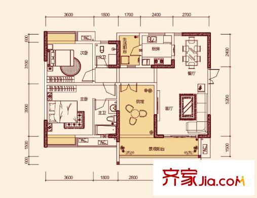 春語(yǔ)江山一期3號(hào)樓標(biāo)準(zhǔn)層3號(hào)戶型 2室2廳2衛(wèi)1廚