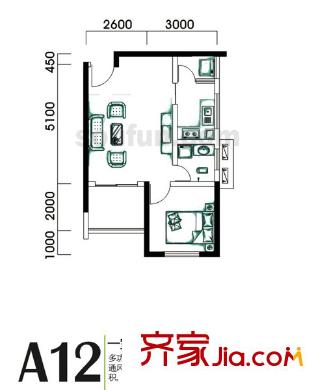 學(xué)林佳苑戶型圖A12 1室2廳1衛(wèi)1廚