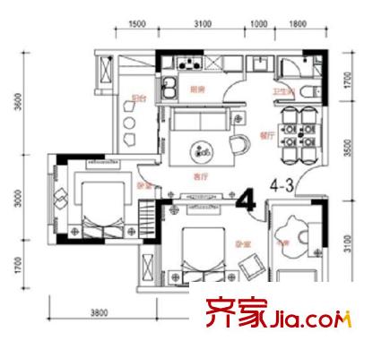 康德國際戶型圖1期4號樓標(biāo)準(zhǔn)層4號房 2室2廳1衛(wèi)1廚