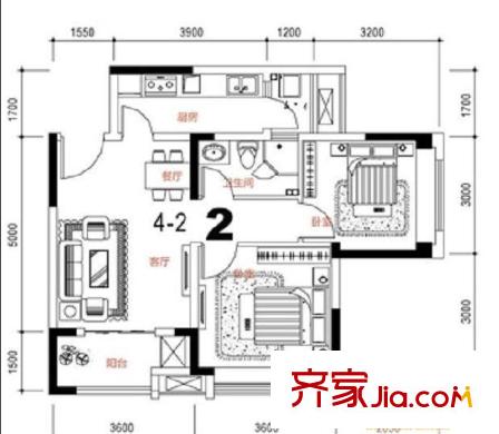康德國際1期4號樓標(biāo)準(zhǔn)層2號房2室2廳1衛(wèi)1廚 