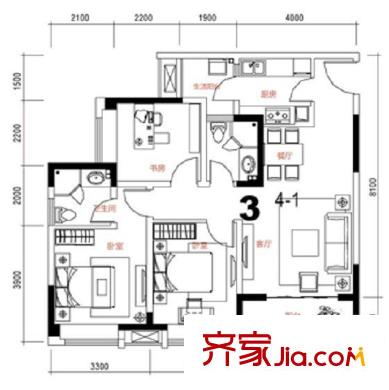 康德國(guó)際戶型圖1期4號(hào)樓標(biāo)準(zhǔn)層3號(hào)房 2室2廳1衛(wèi)1廚