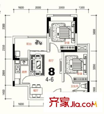 康德國(guó)際戶型圖1期4號(hào)樓標(biāo)準(zhǔn)層8號(hào)房 2室2廳1衛(wèi)1廚