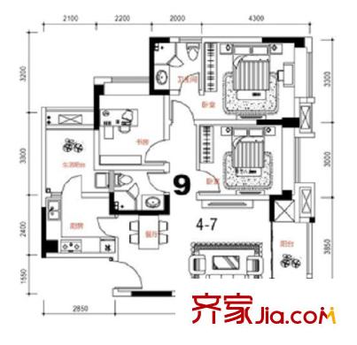 康德國(guó)際戶型圖1期4號(hào)樓標(biāo)準(zhǔn)層9號(hào)房 2室2廳2衛(wèi)1廚