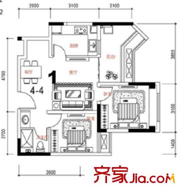 康德國(guó)際戶型圖1期4號(hào)樓標(biāo)準(zhǔn)層1號(hào)房 2室2廳1衛(wèi)1廚