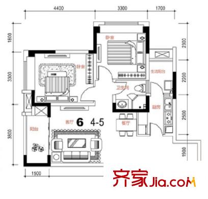 康德國(guó)際戶型圖1期4號(hào)樓標(biāo)準(zhǔn)層6號(hào)房 2室2廳1衛(wèi)1廚