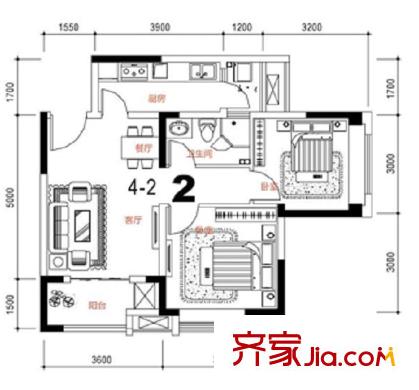 康德國(guó)際戶型圖1期4號(hào)樓標(biāo)準(zhǔn)層2號(hào)房 2室2廳1衛(wèi)1廚