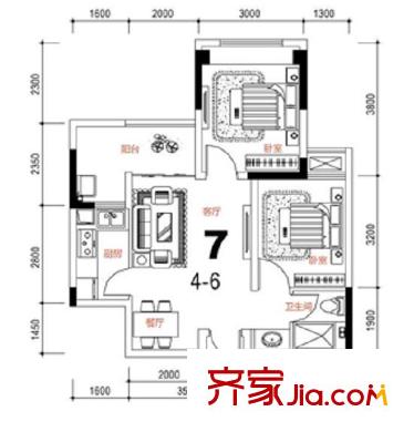 康德國(guó)際戶型圖1期4號(hào)樓標(biāo)準(zhǔn)層7號(hào)房 2室2廳1衛(wèi)1廚