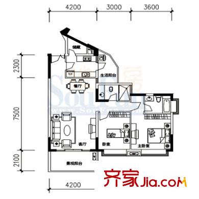 金科天湖美鎮(zhèn)戶型圖后雅皮A-1a(曲) 3室2廳2衛(wèi)1廚