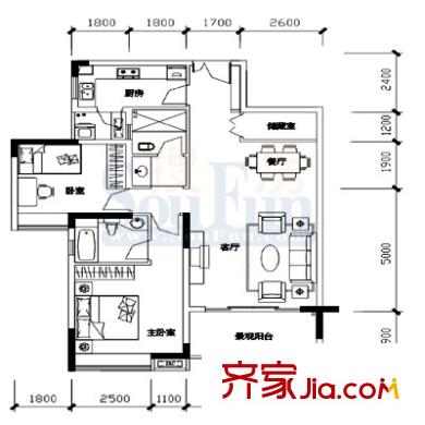 金科天湖美鎮(zhèn)戶型圖都市休閑B-1(曲) 2室2廳1衛(wèi)1廚