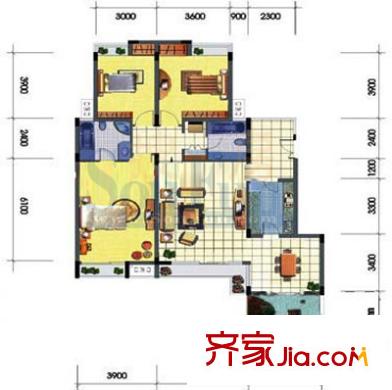 金科天湖美鎮(zhèn)戶型圖A-2戶型 3室2廳2衛(wèi)1廚